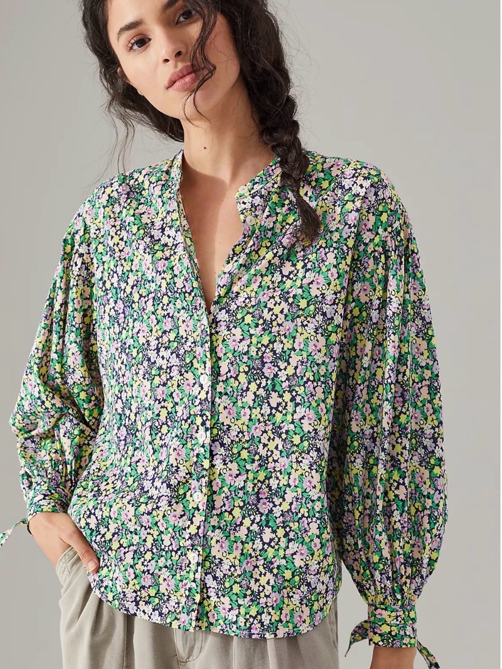 Maeve Anthropologie Floral Button-Front Flowy Blouse in Green, Pink, & Lavender.